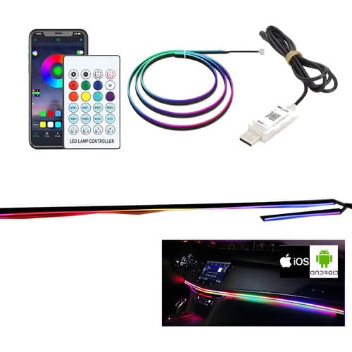 Fita Led USB Neon Painel Carro 110+35cm App+controle iluminação ambiente carro painel