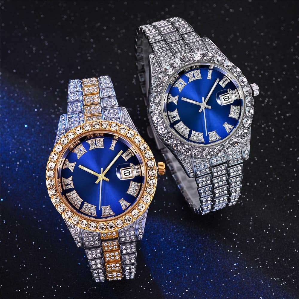 Relógio masculino marca de luxo diamante relógios masculinos calendário quartzo relógios de pulso masculino presente par