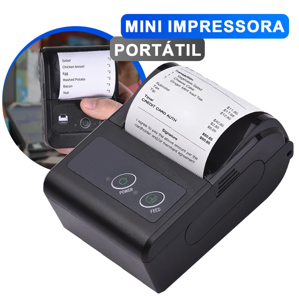 Mini Impressora Térmica Bluetooth 58mm Portátil para Recibos, Cupons e Comandas Android iOS Windows