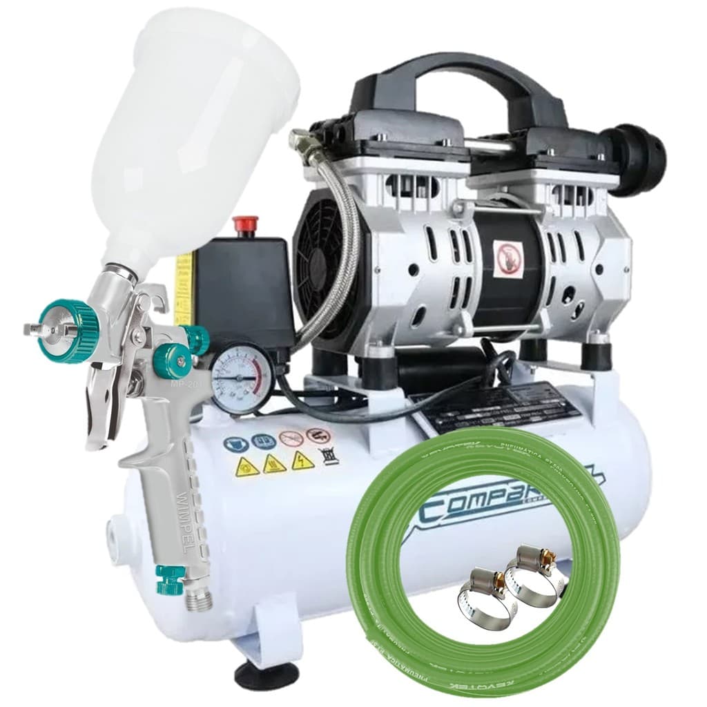 KIT Compressor Sem Óleo 550-8l Silencioso 5mt Mang. Pistola de Pintura Completo 220V