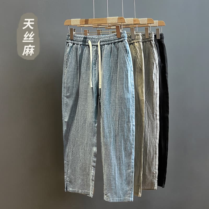 High-End Tencel calças de linho dos homens verão linho fino em linha reta tornozelo-perna calças masculinas estilo chinê