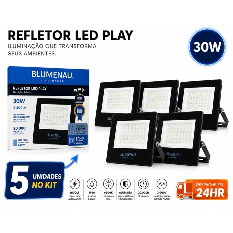 4x Refletores LED 30W Blumenau Alumínio Bivolt IP66 6500K 3000K Externo Prova D'Água AltaPotência Fachada Jardim Garagem