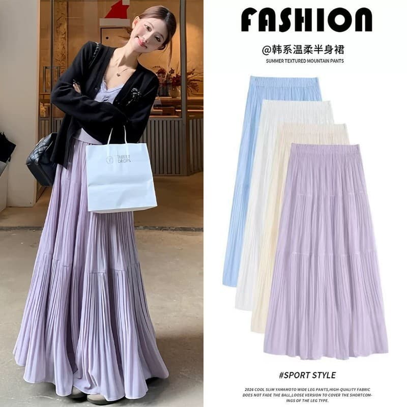 [Saia longa plissada] Senhoras verão novo estilo cintura alta Look mais fino órgão plissado Drape saia longa até o torno
