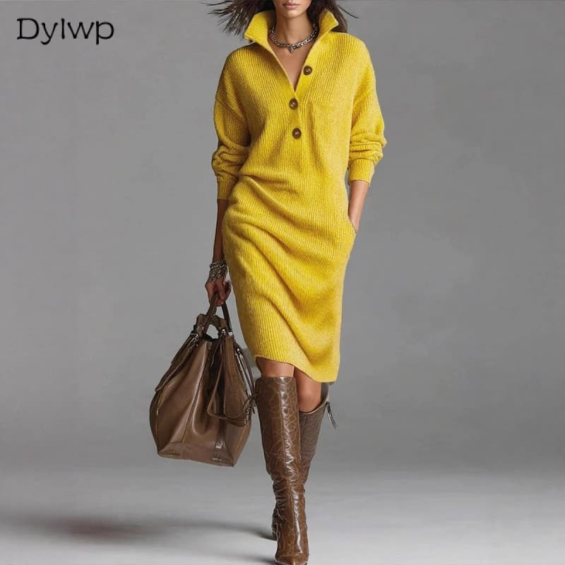 Vestido Midi De Malha Feminino Primavera Outono Casual Botão Solto Reto-& *