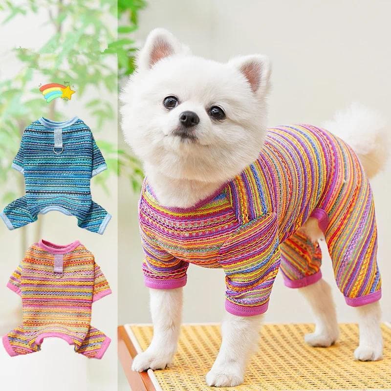 Roupa de Verão para Cães Strips Hollow, Macacão Azul e Rosa com Argola em D para Meninos e Meninas, Pijama Macacão para