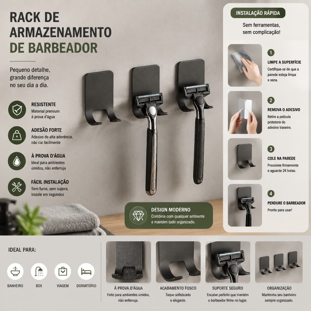 Suporte Porta Aparelho De Barbear Gillette Prestobarba Aço Inox Ventilado Fita 3M Adesivo Sem Perfurar Parede