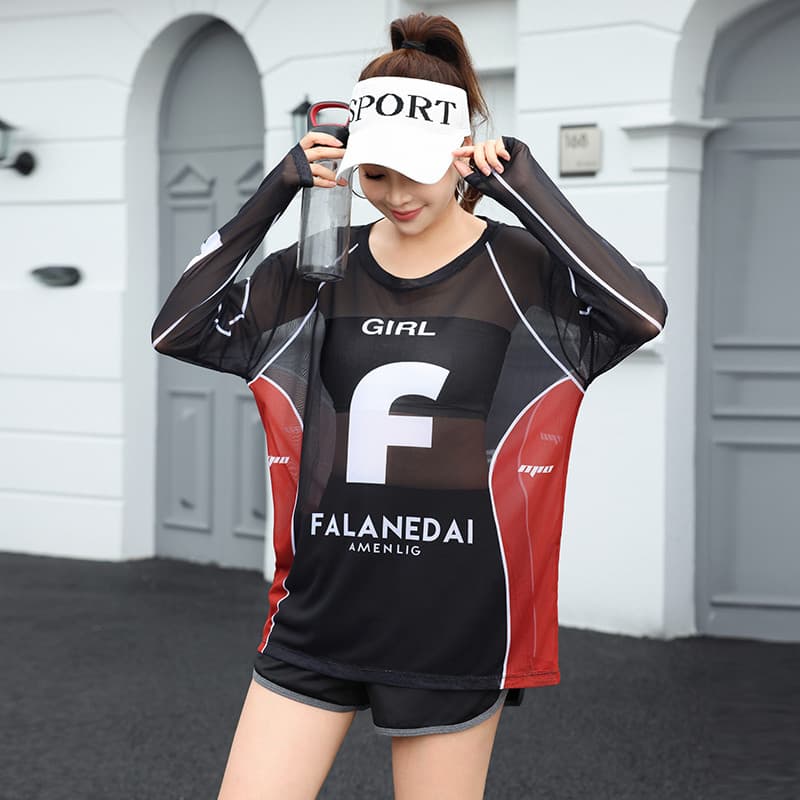 Verão protetor solar moletom de manga comprida malha respirável solto Fitness Yoga Wear Shorts correndo terno esportivo