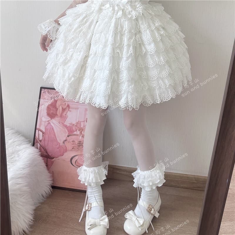 Lolita estilo japonês primavera verão rendas bezerro meias lolita meias femininas de algodão Multi-camada rendas meias f
