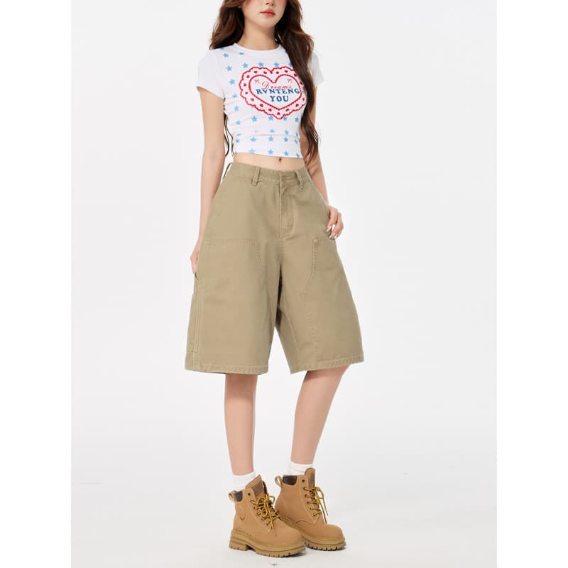 Cáqui Multi-bolso ao ar livre Jeans de cinco pontos masculino feminino mesmo estilo solto em linha reta perna larga maca