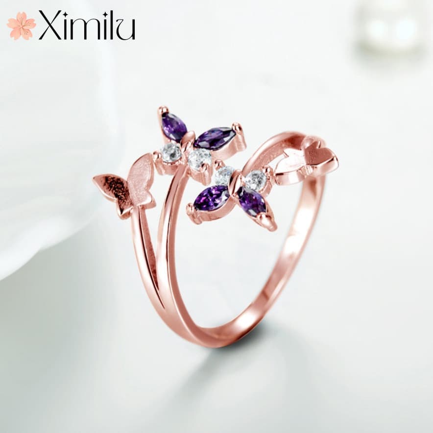 ♥ Original romântico borboleta amor flor ametista arco rosa anel de ouro menina jóias de casamento