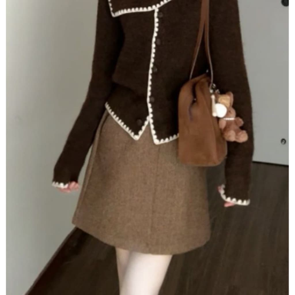 Xiaoxiang estilo contraste cor cachecol gola camisola Cardigan feminino outono inverno engrossado solto estilo preguiços