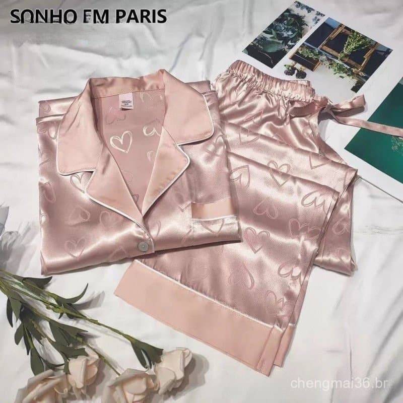 Conjunto De Pijama De Seda Fina Para Mulheres – Manga Comprida , Ideal Verão E Outono , Estilo Elegante Confortável CSYG