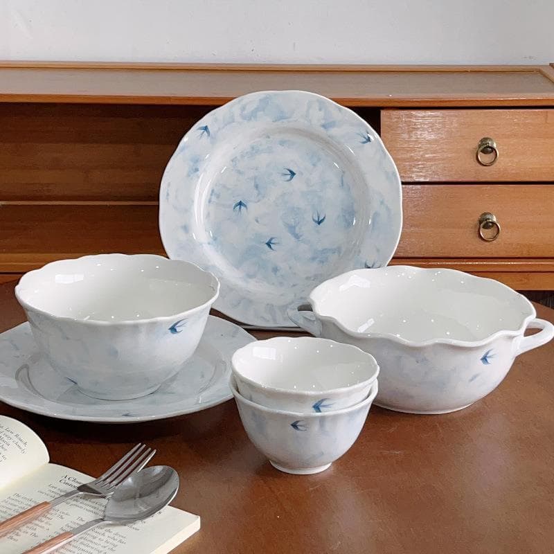 Retro tinta andorinha retorno tigela de frutas utensílios de mesa de alto valor salada sobremesa placa Oval pratos de al