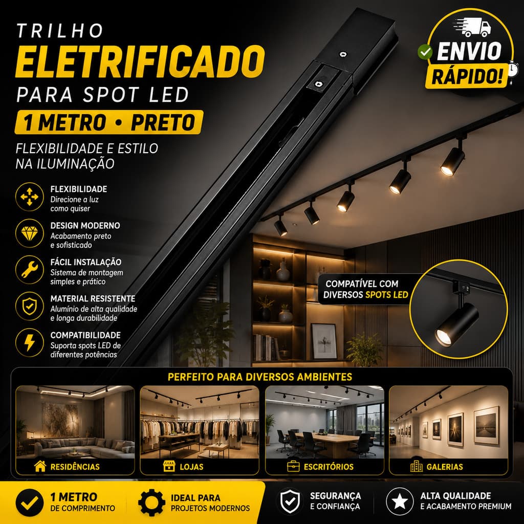 Trilho Eletrificado 1 Metro Preto Luminária De Teto Sobrepor Para Spot LED Sala Cozinha Corredor