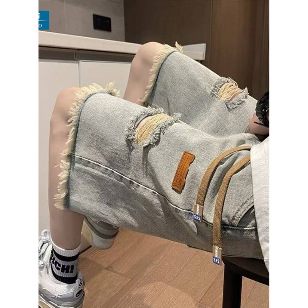 Shorts jeans rasgados masculino verão Street Wear solto All-Match rufião bonito borda crua calças médias Retro lavado em
