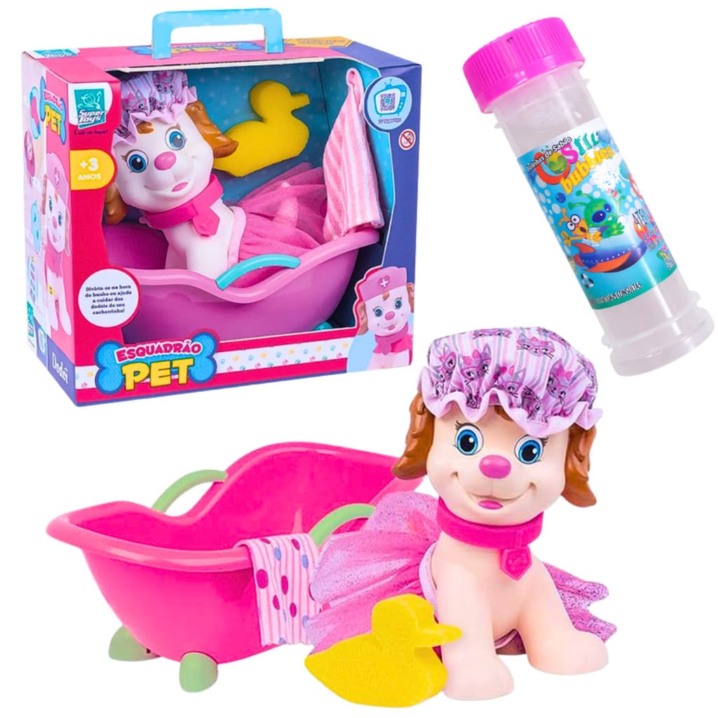 Banheira Brinquedo Cachorro Pet Shop Infantil Esquadrao Pet Canina + Bolha de Sabao