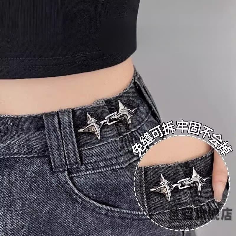 Calças fivela de ajuste elástico estrela de quatro pontas cinto psiquiatra botão Jeans encolher cintura ferramenta útil