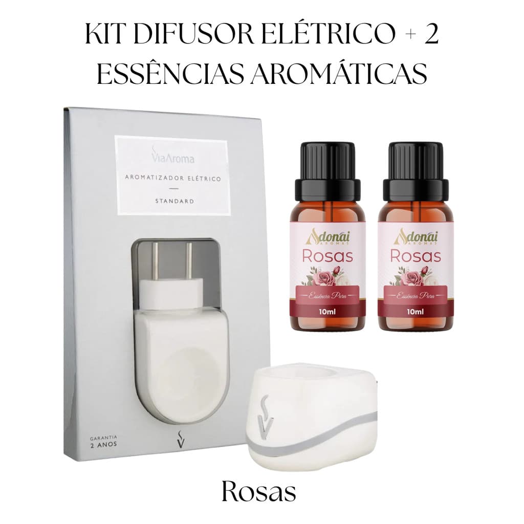 KIt Difusor Elétrico + 2 Essência Rosas Aroma Floras Intenso Alta Fixação 10ML Adonai Aromatizador Ambiente