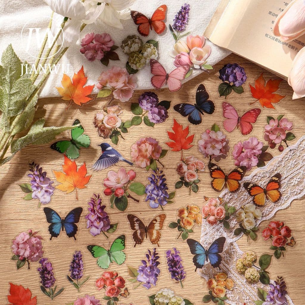JIANWU Vintage Borboleta Flor Pássaros Folha De Bordo Material De Paisagem Colagem Scrapbooking PET Adesivo Diário Criat
