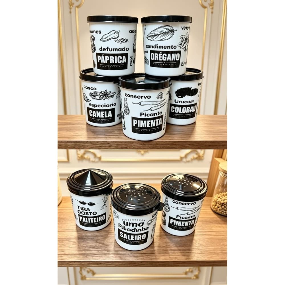 CONUNTO COM 8 POTE PORTA TEMPERO PLÁSTICO MULTI USO 200 ML BRANCO/PRETO MAIS PRATICIDADE PARA O DIA A DIA