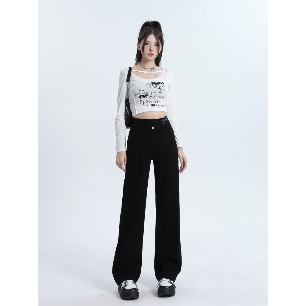 Vfvk Calça Jeans reta preta feminina verão 2026 novo estilo calça pequena americana cintura alta estreita calça larga