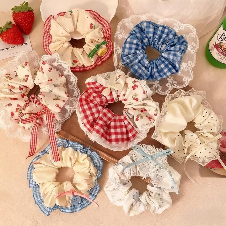 Venda quente molho de cereja Scrunchy anel de cabelo feminino doce fresco arco corda de cabelo xadrez cabeça corda rabo