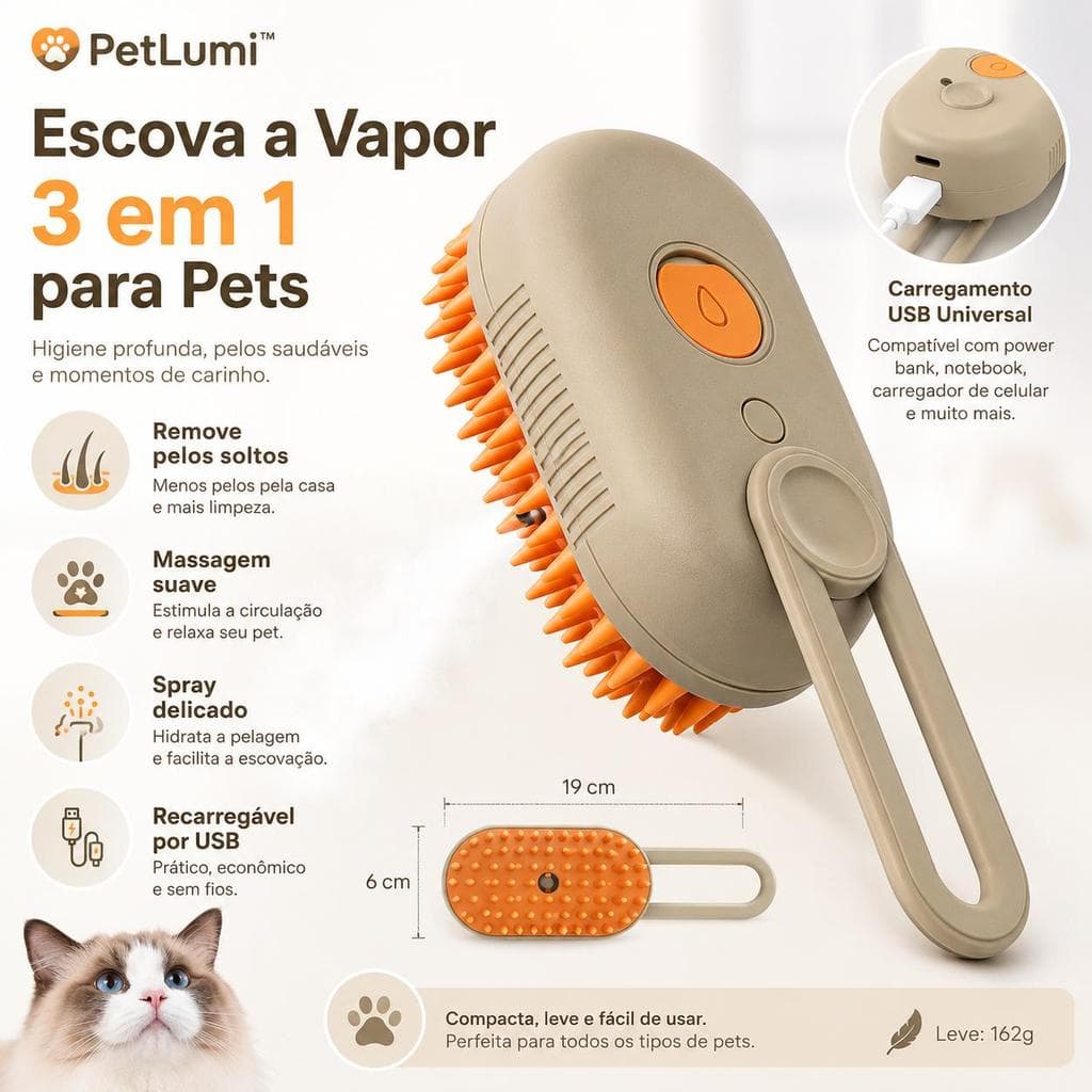 Escova a Vapor 3 em 1 para Cães e Gatos PetLumi | Removedora de Pelos com Spray Suave, Recarregável USB V8