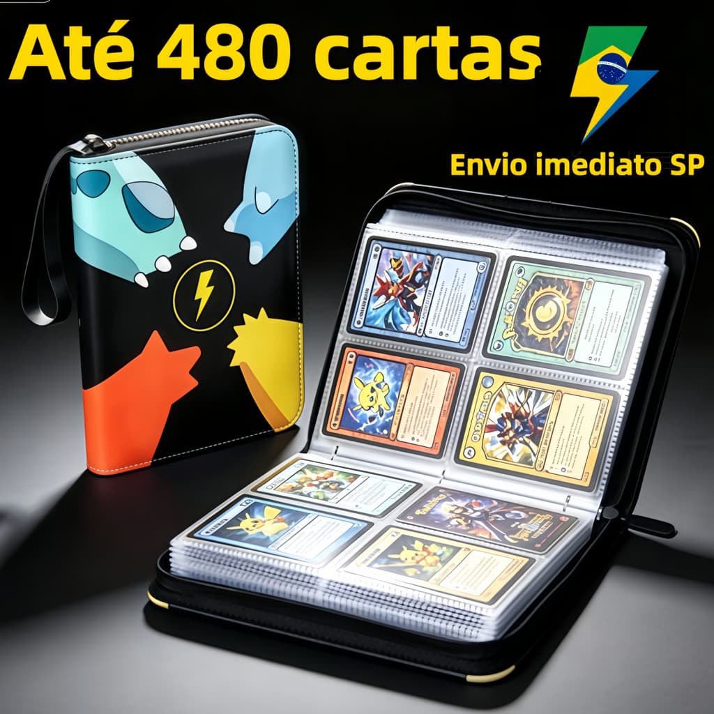 Álbum Pokémon TCG Oficial 480 Cartas Fichário Zíper Organizador Porta Cartas Proteção Cartas Coleção