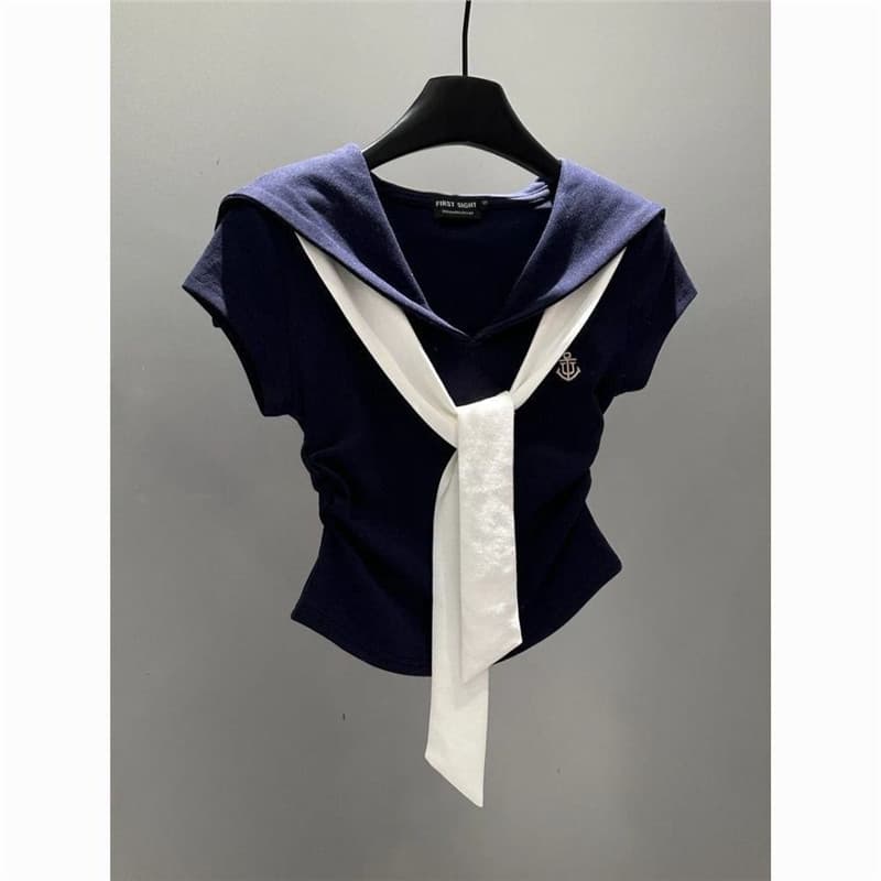 Estilo coreano estilo Preppy moda contraste cor gola marinha de manga curta camiseta feminina 2025 verão novo estilo fin