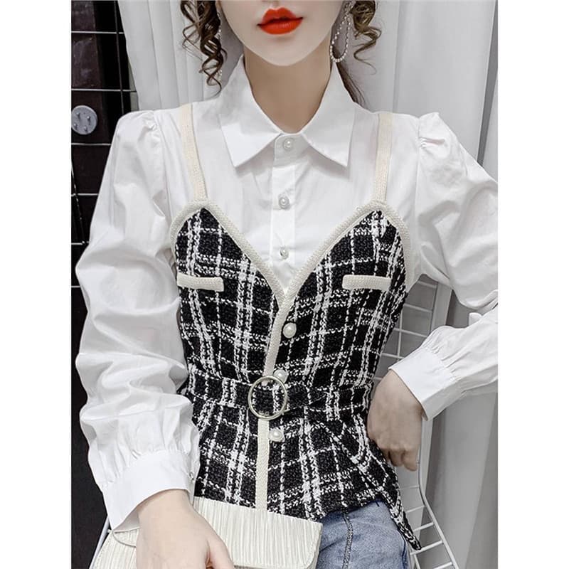 Camisa costura falso de duas peças francês topo 2025 início do outono novo estilo camisa de fundo Design sentir nicho ro