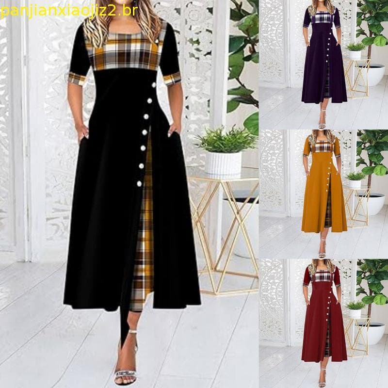 Plus Size 4Xl 5Xlvwomen Elegante Longo Xadrez Impressão Vestidos De Festa Irregular Senhoras Vintage Botão Vestido Retal