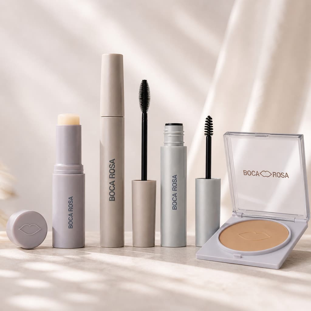 Kit Boca Rosa Beauty Completo 4 Produtos – Base Stick, Máscara de Cílios, Gel para Sobrancelhas e Pó Compacto