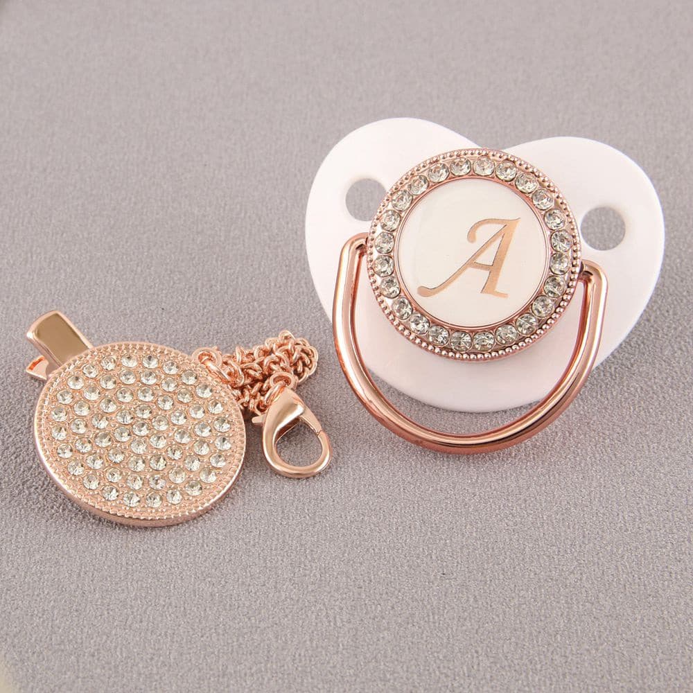 Chupeta e Prendedores de Chupeta para Bebê com 26 Letras Iniciais do Nome, Bico de Silicone Livre de BPA, Rosa Dourado B