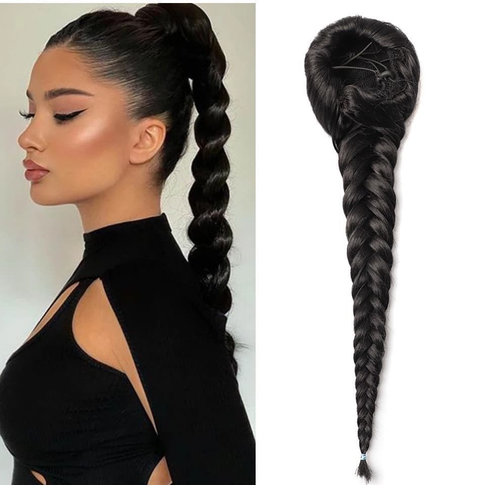 Extensões de cabelo sintéticas com padrão trançado em espinha de peixe, com cordão ajustável, para rabo de cavalo, preto