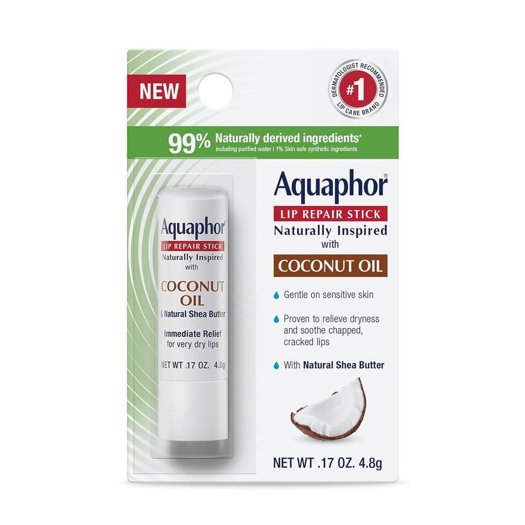 Aquaphor Natural Inspiration Lip Repair Stick, contém óleo de coco e manteiga de karité natural, bálsamo labial hidratan