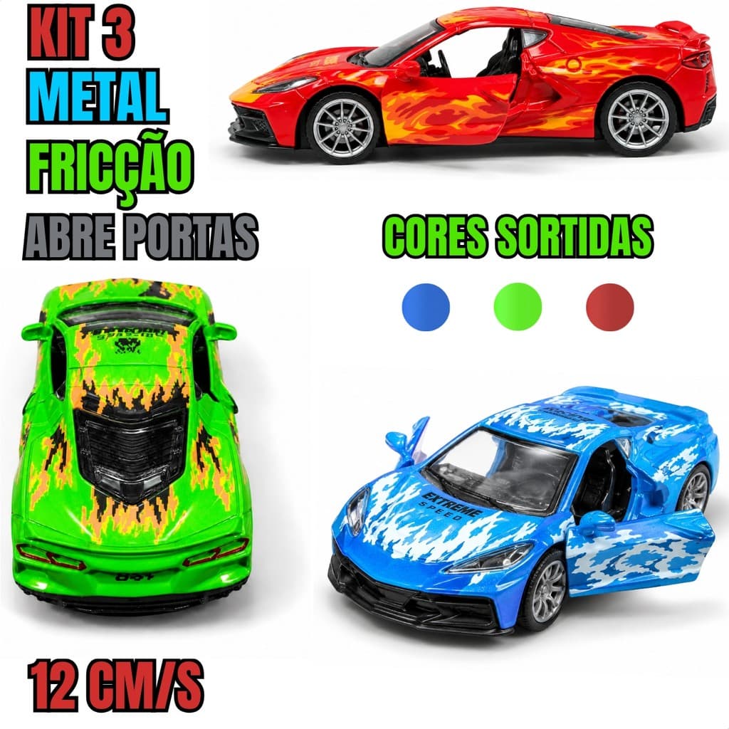 Kit 3 Carrinhos Sport Racing Metal 12cm Fricção Portas que Abrem