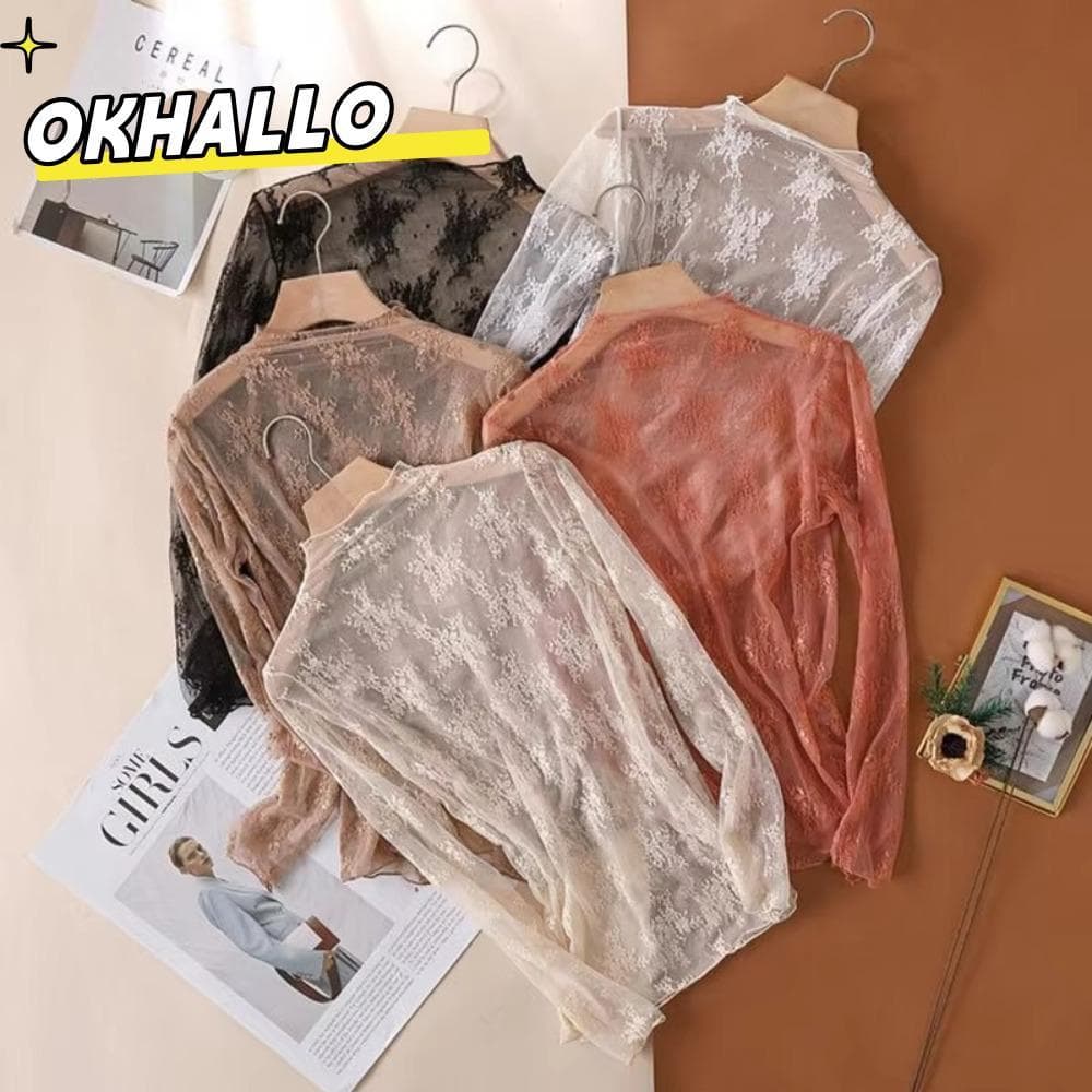 Camisetas OKHALLO , Blusa Transparente De Manga Comprida , Malha Preta ,