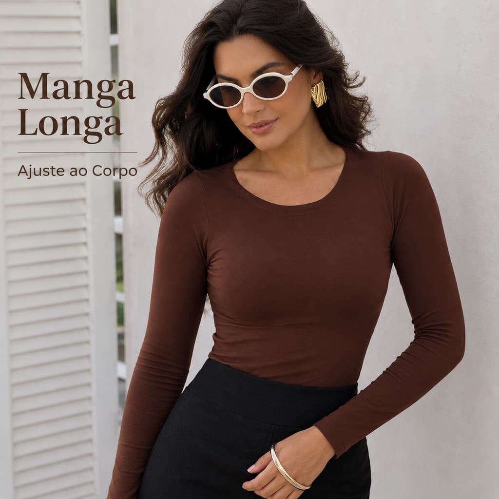 Blusa Feminina Manga Longa Gola Redonda Básica Justa Slim Segunda Pele Lisa Casual Inverno