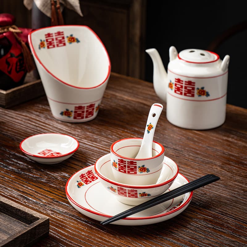 Talheres de cerâmica estilo chinês, dupla felicidade, retrô, restaurante, bancada, panela quente, restaurante, Xiangcai,
