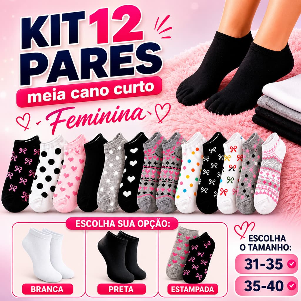 Kit Meia Feminina Cano Curto Soquete Sapatilha Casual Macia 12 pares