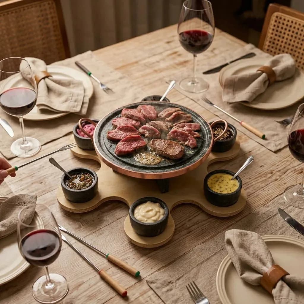 Aparelho Fondue Giratório Pedra Grelha 27 +Cumbucas +6 Garfinhos - Curado