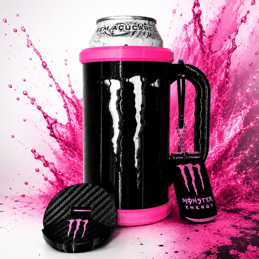 Caneca Porta Lata Monster 473ml Neon Rosa Kit Chaveiro Top 3D Com E Sem Nome Personalizada+Tampa+Abridor Brinde Chaveiro