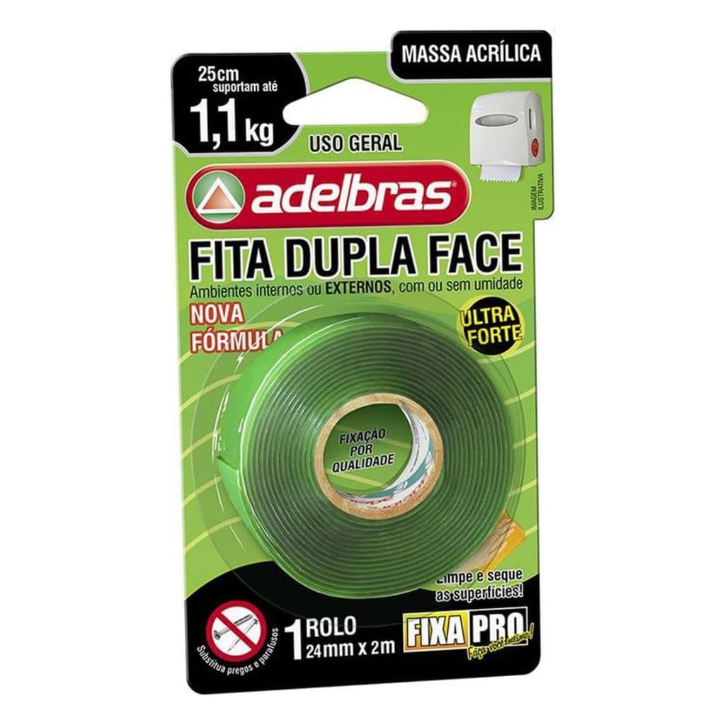Fita Dupla Face Massa Acrílica Verde 2Mx24MM Fixa Adelbras