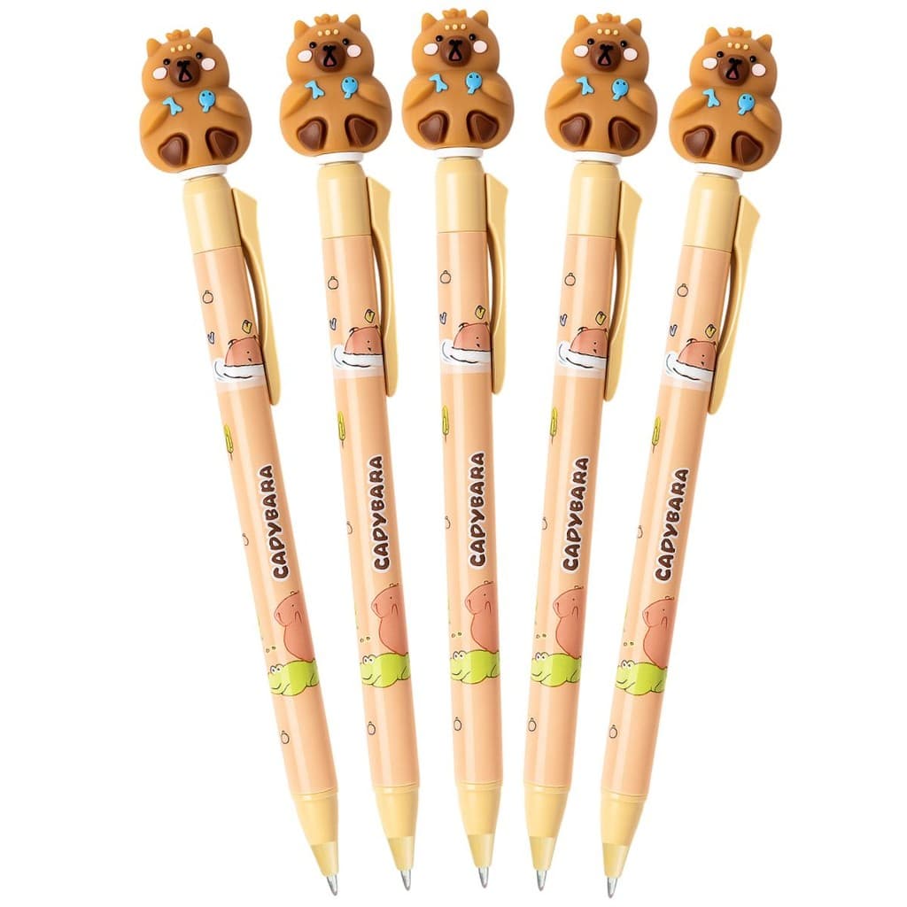 Kit com 5 Canetas Esferográficas Infantis Tinta Preta Coleção Completa com Todas as Capivaras