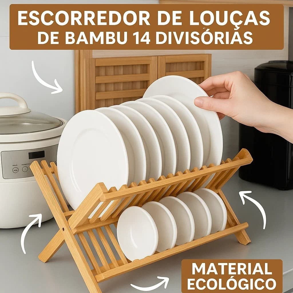 Escorredor de Louça Bambu Dobrável 34cm Cozinha Elegante100% Natural, Econômico de Espaço e Durável