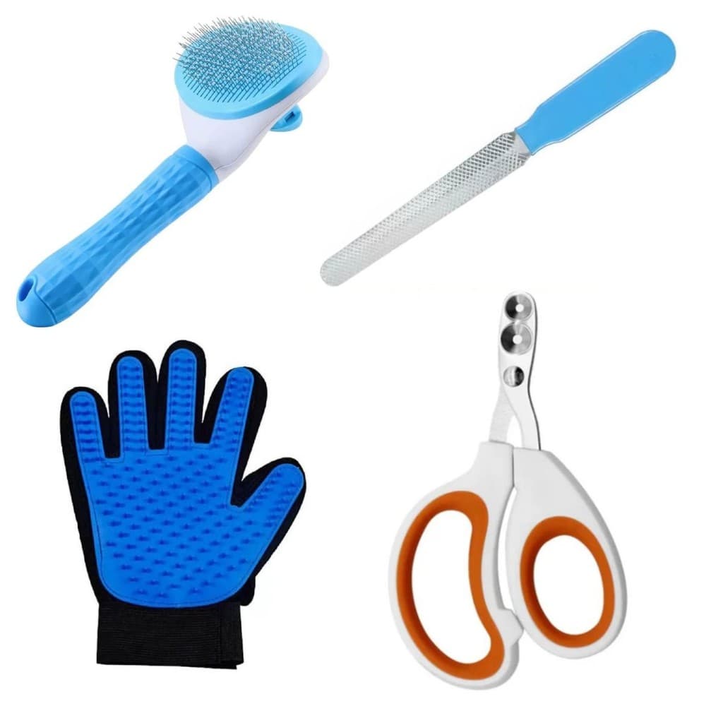 Kit 4 Peças Higiene Pets Banho e Tosa Escova Desembaraçante, Luva Massageadora, Tesoura e Lixa Unha