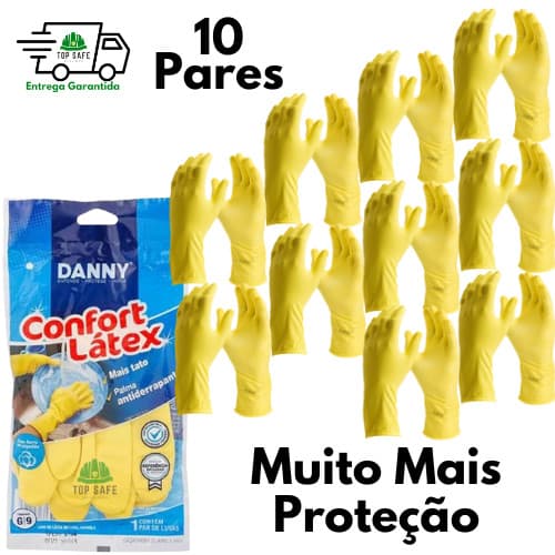 Kit 10 Luvas de limpeza M em látex ALTA QUALIDADE com forro em algodão flocado Confort Látex EPI