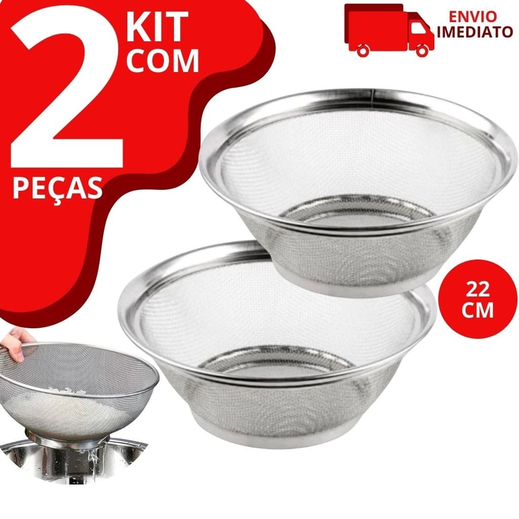 Kit 2 Cesta Escorredor Multiuso Inox 22cm para Cozinha, Macarrão, Legumes, Arroz e Fruteira