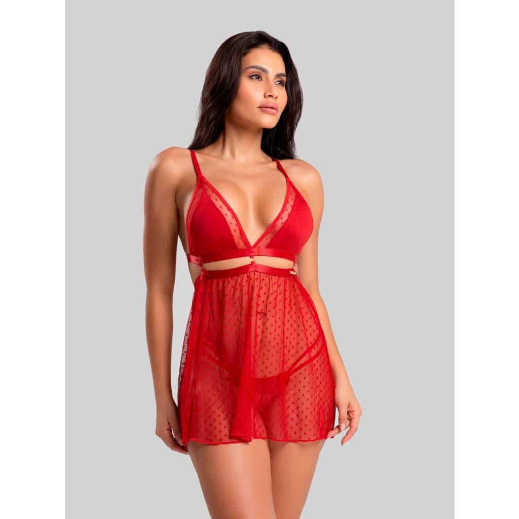 Camisola Sensual Juliette Use Thulie Tule com Abertura Frontal Calcinha Fio Dental