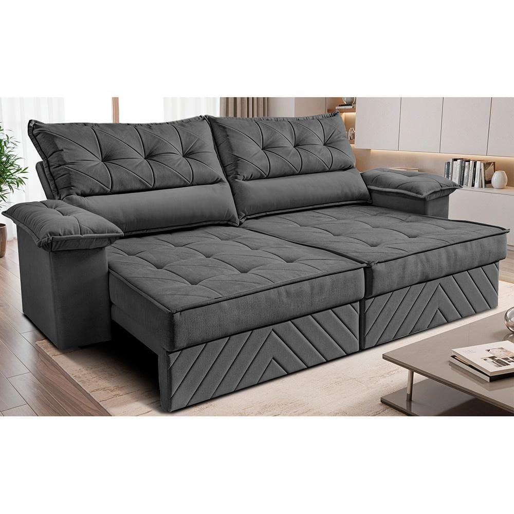 Sofá Retrátil e Reclinável 2,40m com Molas e Espuma D33 Thunder Velusoft Cinza Cama inBox